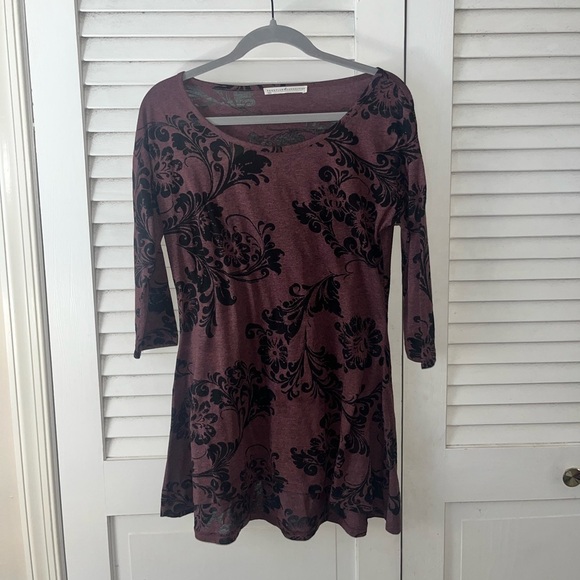 Peruvian Connection Tunic Top 3/4 Sleeves Small Semi Sheer Dark Floral Romantic - Picture 2 of 4